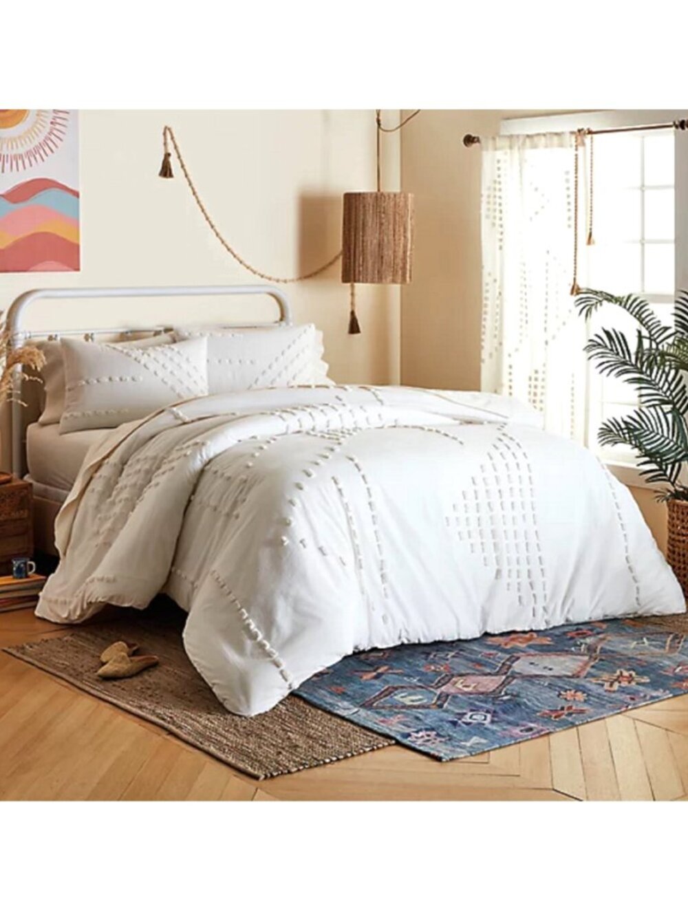 new 3-pc QUEEN Wild Sage Michaela Tufted Triangles Duvet Cover Set BRIGHT WHITE